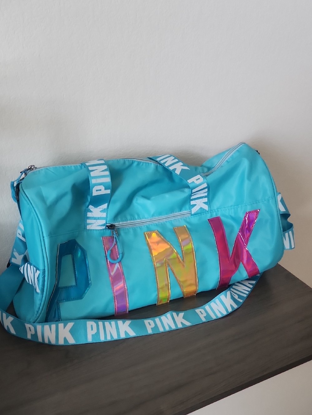 PINK Victoria's Secret Turquoise Duffel with Iridescent Lettering